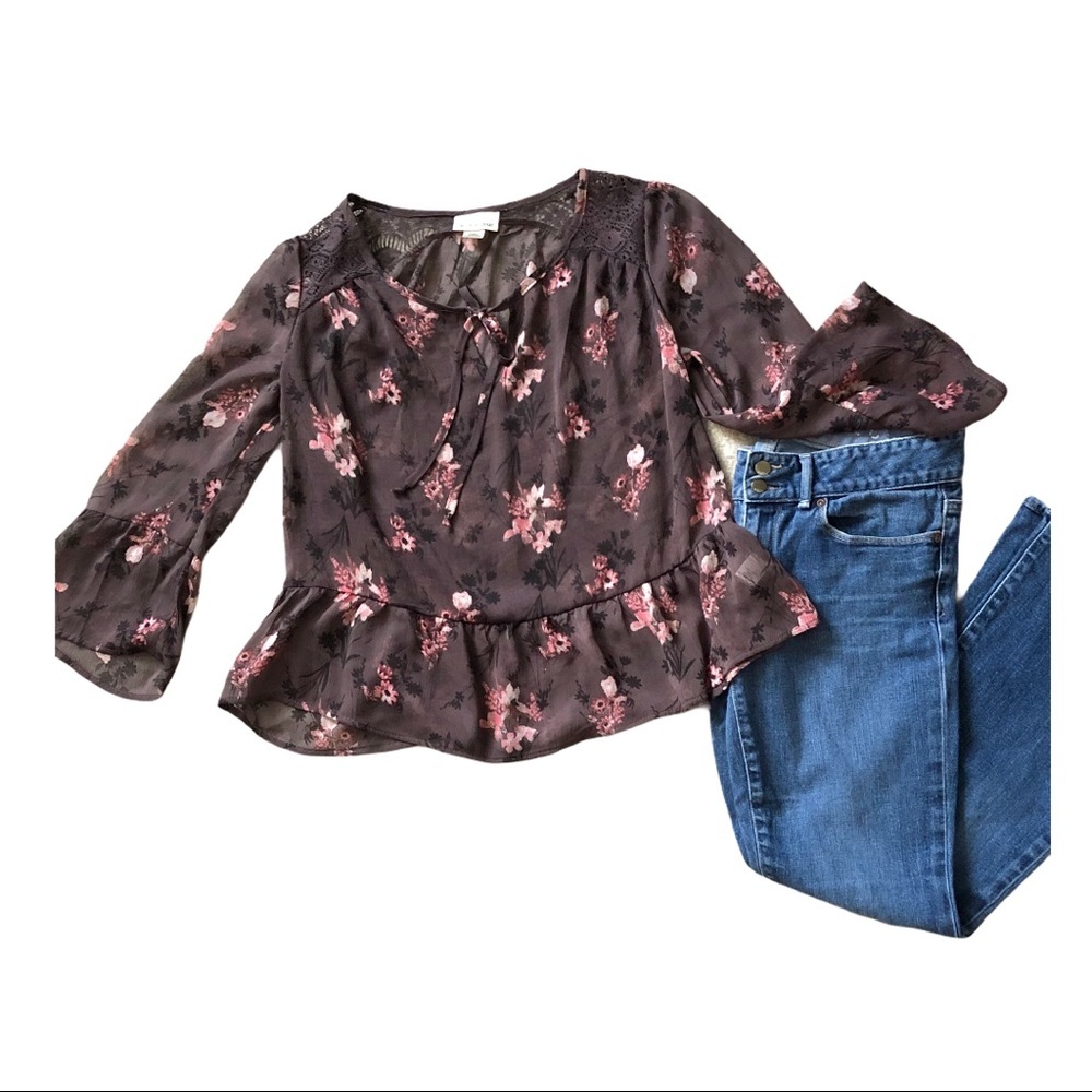 Bell Du Jour Boho Lace Panel Sheer Drop Shoulder Top Brown Floral XS